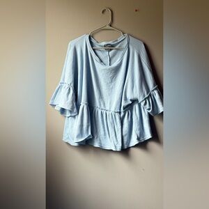 ARULA Light Blue Ruffle Sleeve Blouse